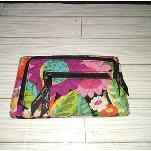Vera Bradley Euro Wallet Tri-Fold Black with Colorful Flowers Retro Floral